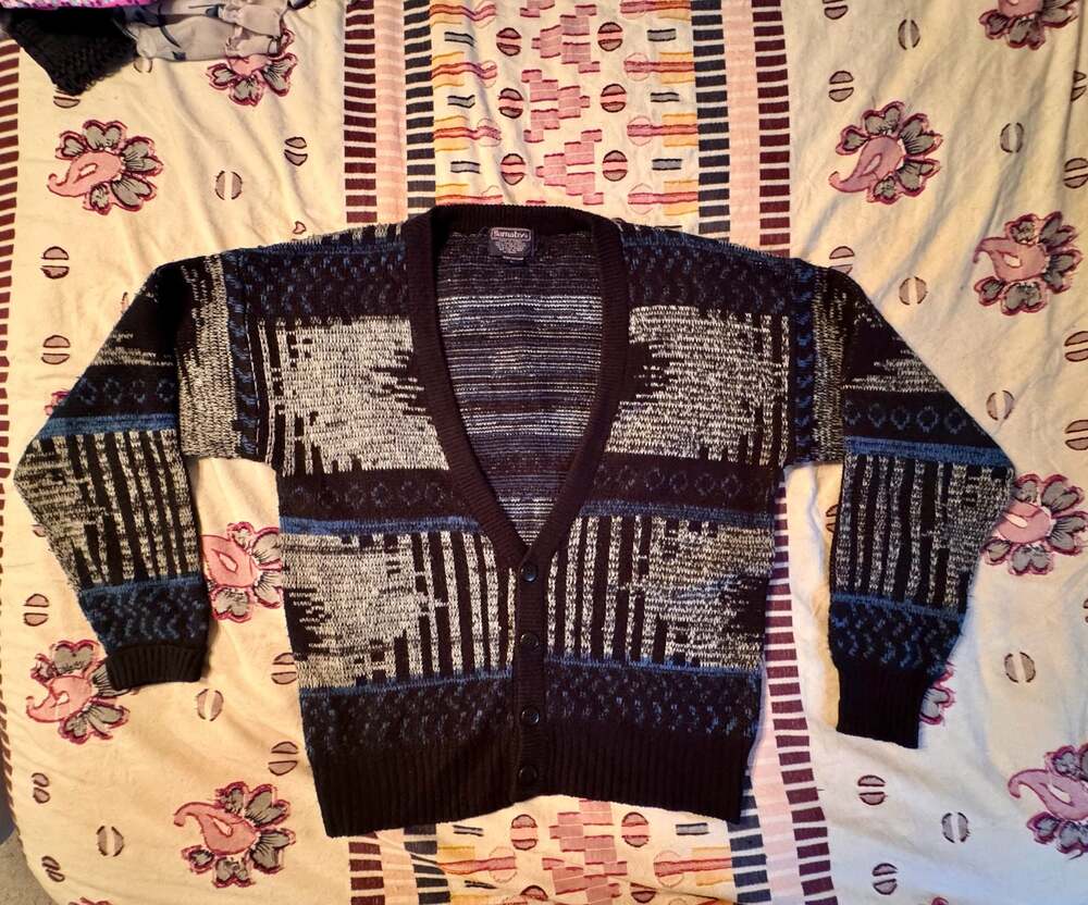 Vintage Grandpa Core Cardigan | 90s Geometric Abstract Knit Academia Cozy Layer